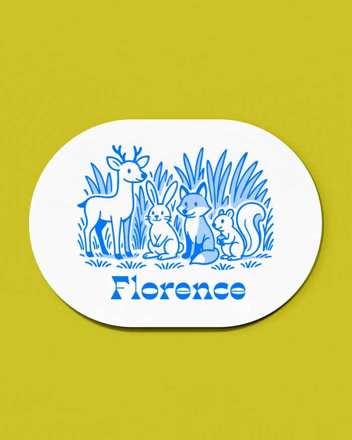 Florence ovaal geboortekaartje met een hert, konijn, vos en eekhoorn tussen het riet in twee tinten blauw, naam in speels lettertype