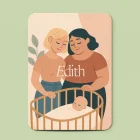 Edith geboortekaartje met twee mama's die liefdevol over het houten wiegje van hun slapende baby buigen, in warme aardetinten, naam in wit serif