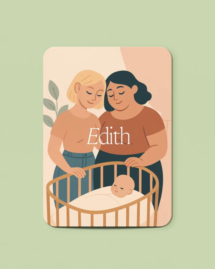 Edith geboortekaartje met twee mama's die liefdevol over het houten wiegje van hun slapende baby buigen, in warme aardetinten, naam in wit serif