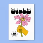 Detail van geboortekaartje Billy met het eigenwijze bloemgezicht en de seventies bubbelletters