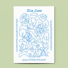 Detail van geboortekaartje Ella-June met de wandelende ouders, de kinderwagen en de bergen in blauwe lijntekening