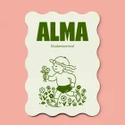 Detail van geboortekaartje Alma met het meisje met pet dat bloemen plukt in het veld, in groene lijntekening