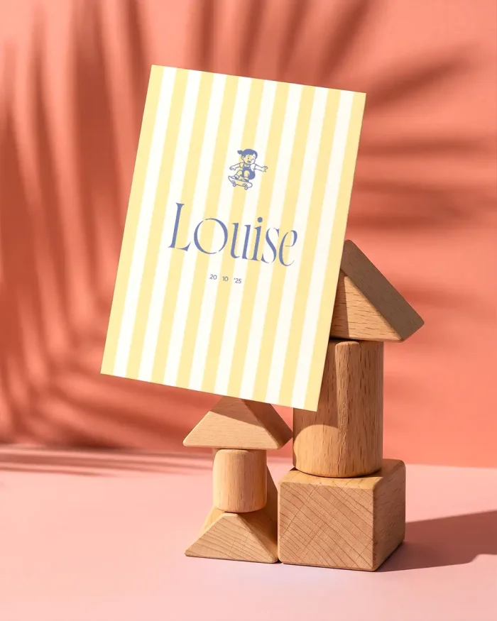 Louise geboortekaartje met gele en witte strepen en een skatend meisje in blauw, naam in sierlijk lettertype
