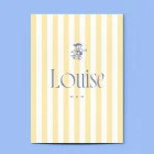 Detail van geboortekaartje Louise met het blauwe skatemeisje en de vrolijke gele strepen van dichtbij