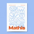 Detail van geboortekaartje Mathis met de handgetekende lichtblauwe doodles en het lachende zonnetje
