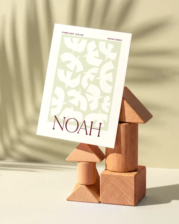 Noah geboortekaartje in zachtgroen met witte vogels die vlakvullend overvliegen en de naam in elegant bordeaux serif-lettertype