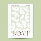 Detail van geboortekaartje Noah met de witte gestileerde vogels tegen de zachtgroene achtergrond
